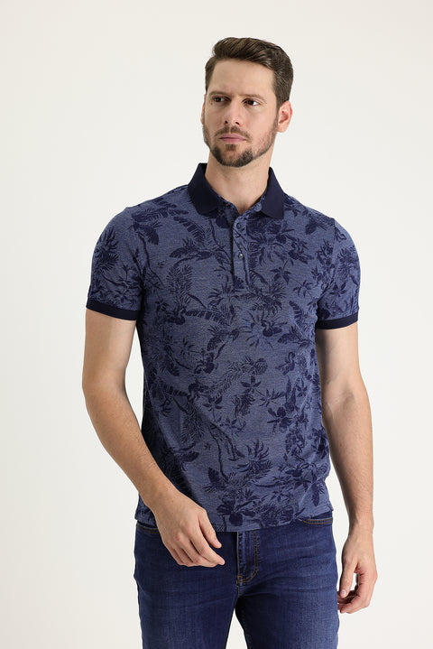 Orta Lacivert Polo Yaka Slim Fit Dar Kesim Baskılı Tişört