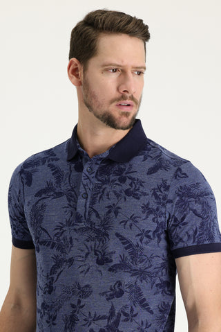  Orta Lacivert Polo Yaka Slim Fit Dar Kesim Baskılı Tişört