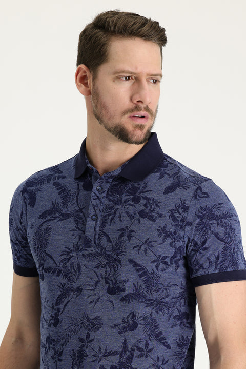 Orta Lacivert Polo Yaka Slim Fit Dar Kesim Baskılı Tişört