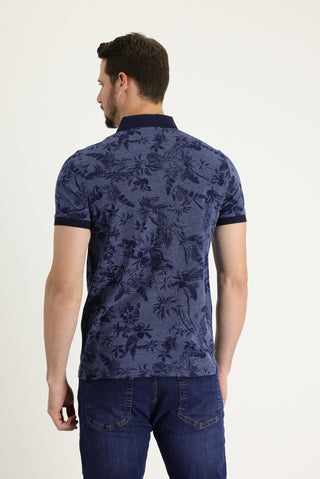  Orta Lacivert Polo Yaka Slim Fit Dar Kesim Baskılı Tişört