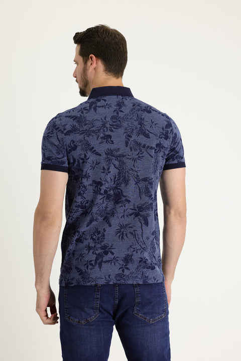 Orta Lacivert Polo Yaka Slim Fit Dar Kesim Baskılı Tişört