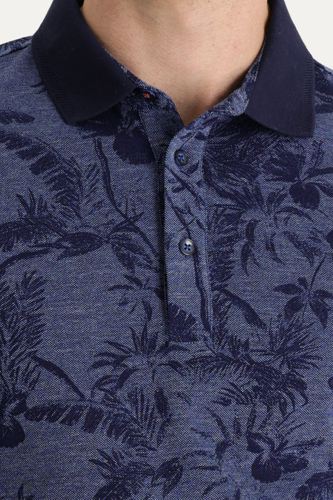 Orta Lacivert Polo Yaka Slim Fit Dar Kesim Baskılı Tişört