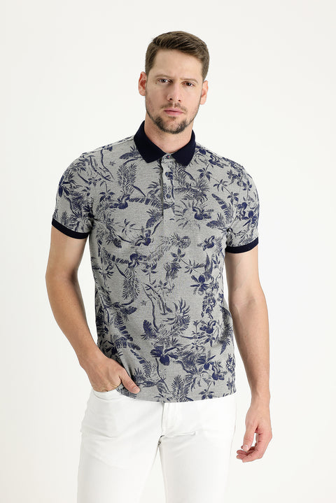 Orta Bej Polo Yaka Slim Fit Dar Kesim Baskılı Tişört