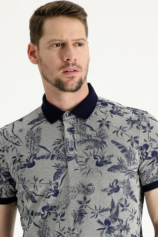  Orta Bej Polo Yaka Slim Fit Dar Kesim Baskılı Tişört