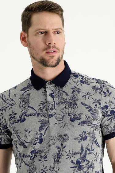 Orta Bej Polo Yaka Slim Fit Dar Kesim Baskılı Tişört