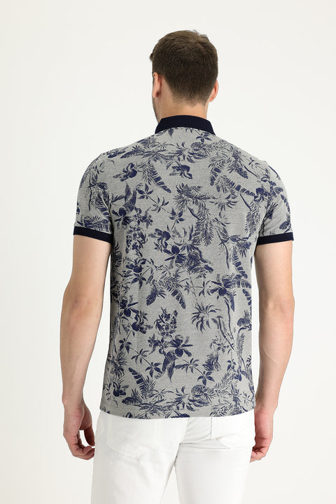 Orta Bej Polo Yaka Slim Fit Dar Kesim Baskılı Tişört