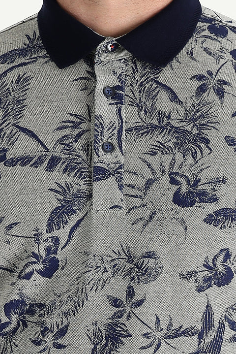 Orta Bej Polo Yaka Slim Fit Dar Kesim Baskılı Tişört