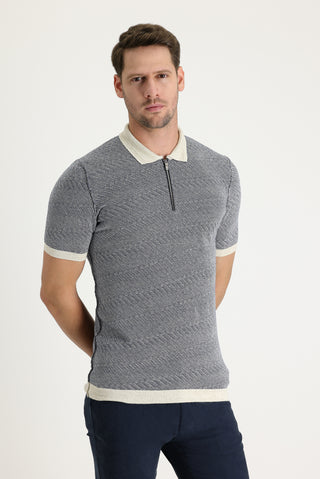  Orta Lacivert Polo Yaka Slim Fit Dar Kesim Fermuarlı Desenli Keten Tişört
