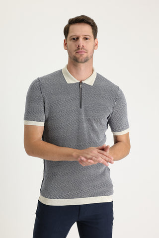  Orta Lacivert Polo Yaka Slim Fit Dar Kesim Fermuarlı Desenli Keten Tişört
