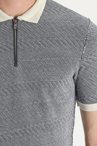  Orta Lacivert Polo Yaka Slim Fit Dar Kesim Fermuarlı Desenli Keten Tişört