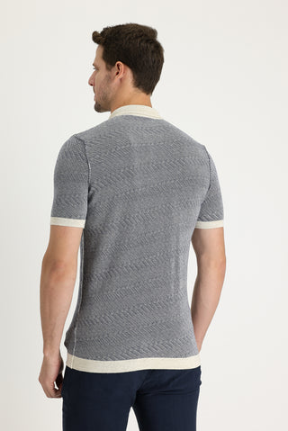  Orta Lacivert Polo Yaka Slim Fit Dar Kesim Fermuarlı Desenli Keten Tişört