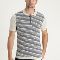 Orta Lacivert Polo Yaka Slim Fit Dar Kesim Desenli Fermuarlı Keten Tişört