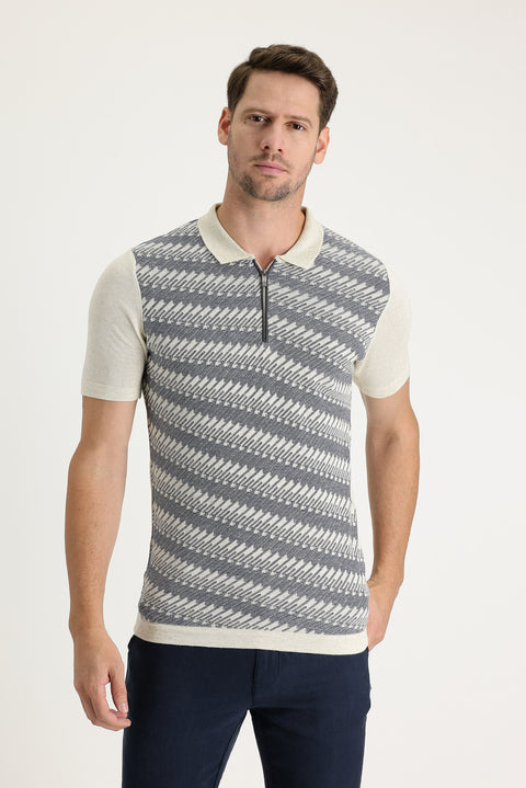 Orta Lacivert Polo Yaka Slim Fit Dar Kesim Desenli Fermuarlı Keten Tişört