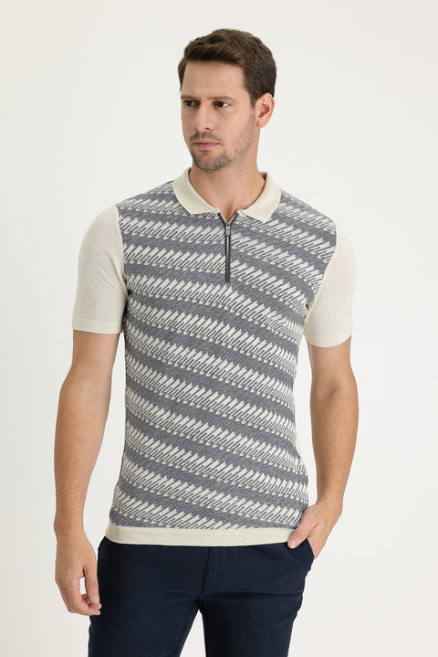 Orta Lacivert Polo Yaka Slim Fit Dar Kesim Desenli Fermuarlı Keten Tişört