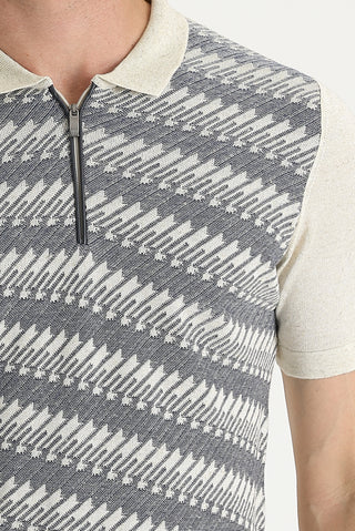  Orta Lacivert Polo Yaka Slim Fit Dar Kesim Desenli Fermuarlı Keten Karışımlı Tişört