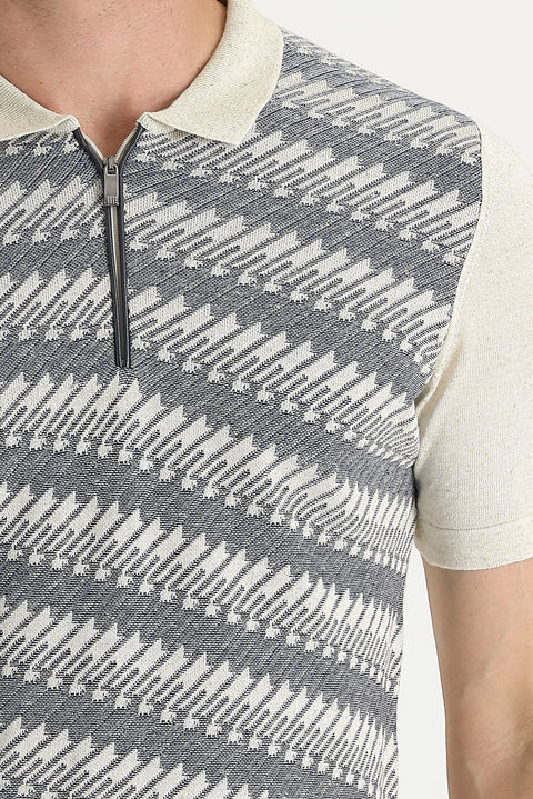 Orta Lacivert Polo Yaka Slim Fit Dar Kesim Desenli Fermuarlı Keten Tişört