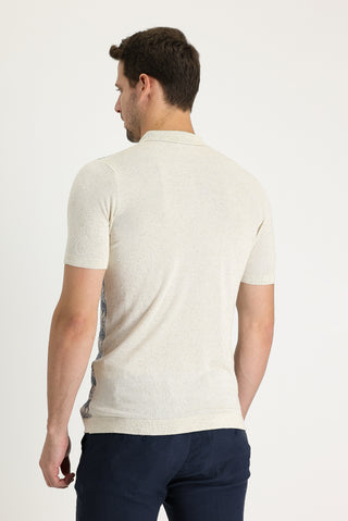  Orta Lacivert Polo Yaka Slim Fit Dar Kesim Desenli Fermuarlı Keten Karışımlı Tişört