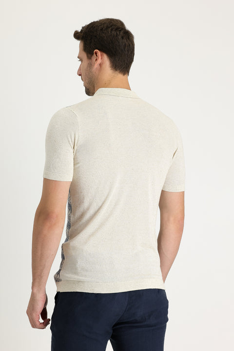 Orta Lacivert Polo Yaka Slim Fit Dar Kesim Desenli Fermuarlı Keten Tişört