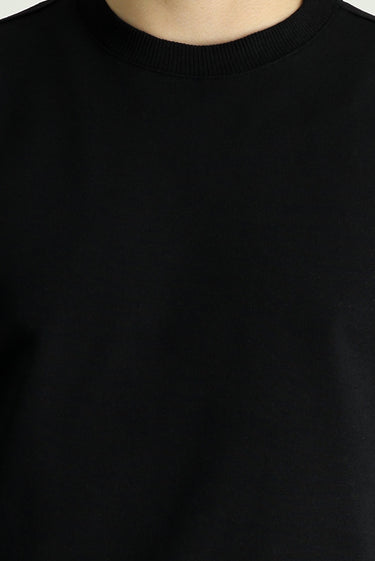 Siyah Bisiklet Yaka Pamuklu Sweatshirt