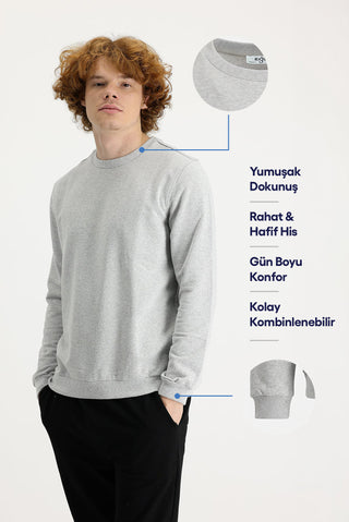  Orta Gri Melanj Bisiklet Yaka Regular Fit Mevsimlik 2 İplik Pamuklu Sweatshirt