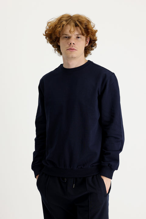 Orta Lacivert Bisiklet Yaka Regular Fit Mevsimlik 2 İplik Pamuklu Sweatshirt