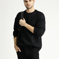 Siyah Bisiklet Yaka Oversize Pamuklu Sweatshirt