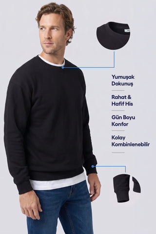  Siyah Bisiklet Yaka Oversize Pamuklu Sweatshirt