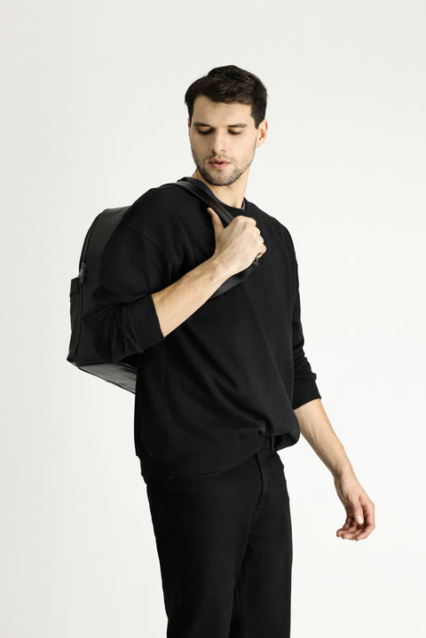 Siyah Bisiklet Yaka Oversize Pamuklu Sweatshirt