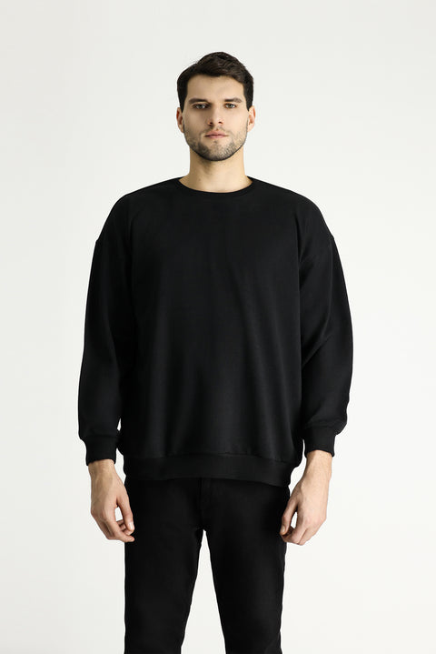 Siyah Bisiklet Yaka Oversize Pamuklu Sweatshirt