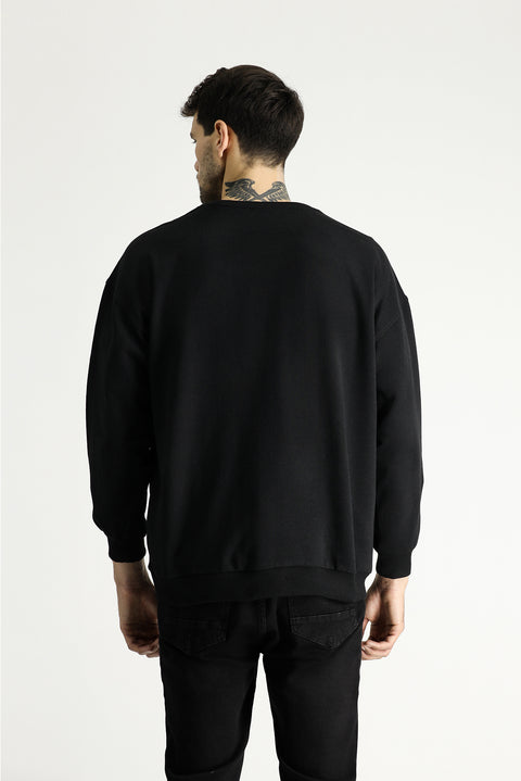 Siyah Bisiklet Yaka Oversize Pamuklu Sweatshirt