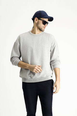  Açık Gri Melanj Bisiklet Yaka Oversize Pamuklu Sweatshirt