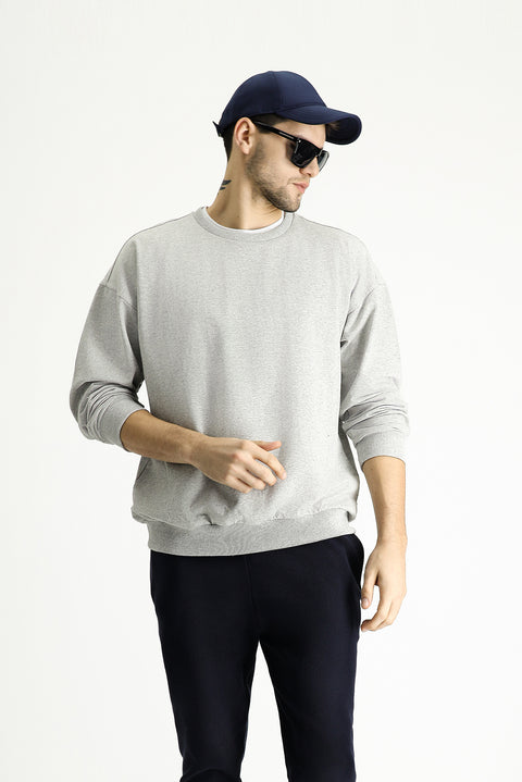 Light Grey Melange Crew Neck Oversize Cotton Sweatshirt