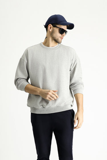  Açık Gri Melanj Bisiklet Yaka Oversize Pamuklu Sweatshirt
