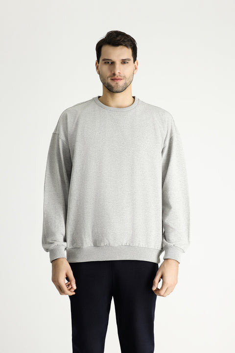 Açık Gri Melanj Bisiklet Yaka Oversize Pamuklu Sweatshirt