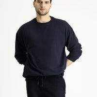 Orta Lacivert Bisiklet Yaka Oversize Pamuklu Sweatshirt
