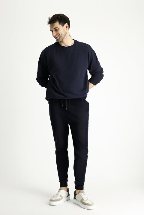 Orta Lacivert Bisiklet Yaka Oversize Pamuklu Sweatshirt