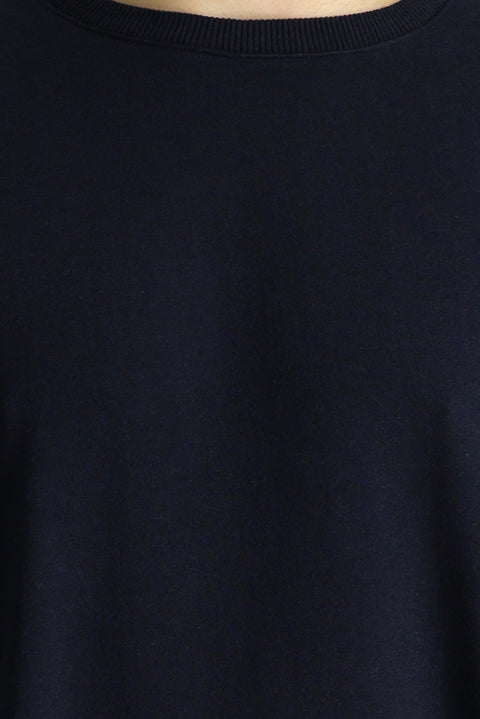 Orta Lacivert Bisiklet Yaka Oversize Pamuklu Sweatshirt