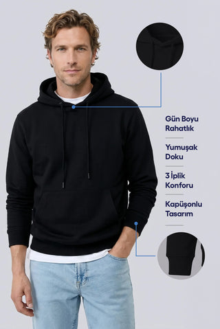  Siyah Regular Fit Kapüşonlu Pamuklu Sweatshirt