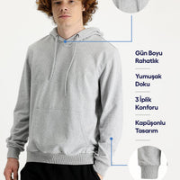 Orta Gri Melanj Regular Fit Kapüşonlu Pamuklu Sweatshirt