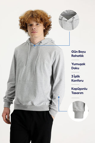  Orta Gri Melanj Regular Fit Kapüşonlu Pamuklu Sweatshirt