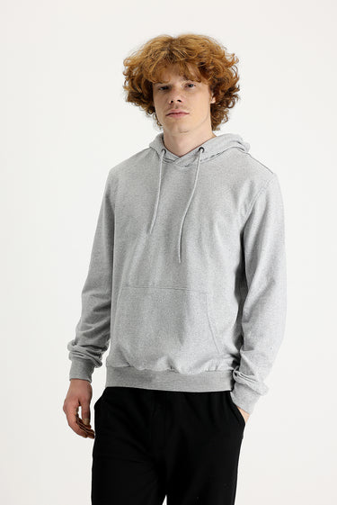 Orta Gri Melanj Kapüşonlu Pamuklu Sweatshirt