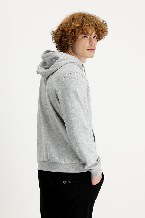 Orta Gri Melanj Kapüşonlu Pamuklu Sweatshirt