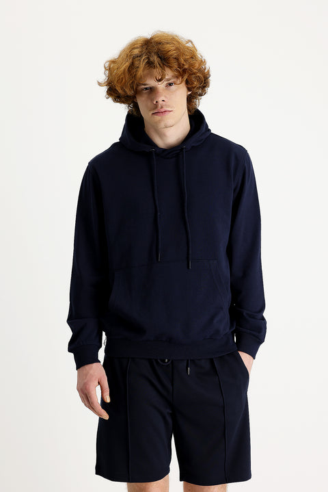 Orta Lacivert Kapüşonlu Pamuklu Sweatshirt