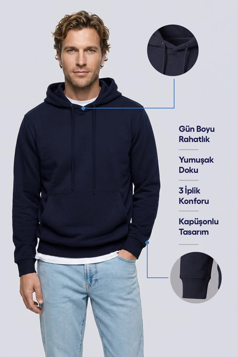Orta Lacivert Regular Fit Kapüşonlu Pamuklu Sweatshirt