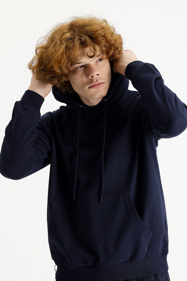  Orta Lacivert Kapüşonlu Pamuklu Sweatshirt