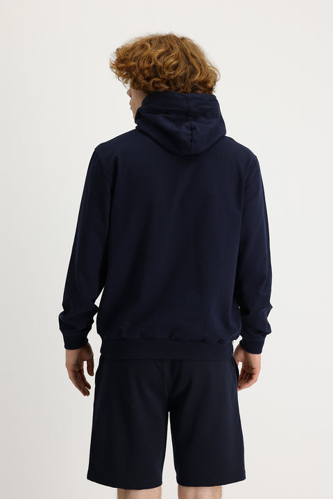 Orta Lacivert Kapüşonlu Pamuklu Sweatshirt