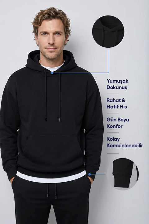 Siyah Kapüşonlu Oversize Pamuklu Sweatshirt