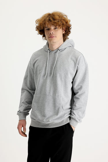  Açık Gri Melanj Kapüşonlu Oversize Pamuklu Sweatshirt