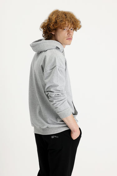  Açık Gri Melanj Kapüşonlu Oversize Pamuklu Sweatshirt