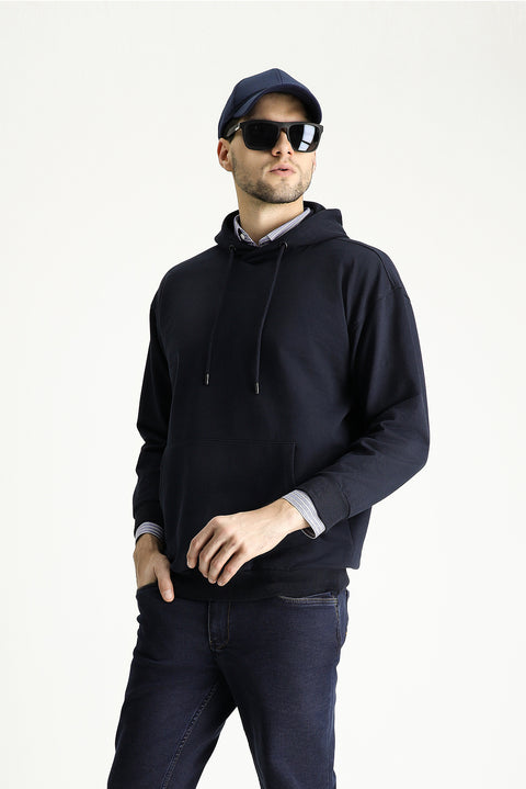 Orta Lacivert Kapüşonlu Oversize Pamuklu Sweatshirt